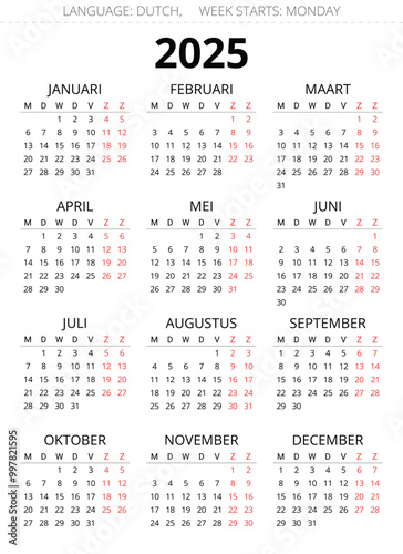 2025 dutch calendar. Printable, editable vector illustration for Dutch. 12 months kalender