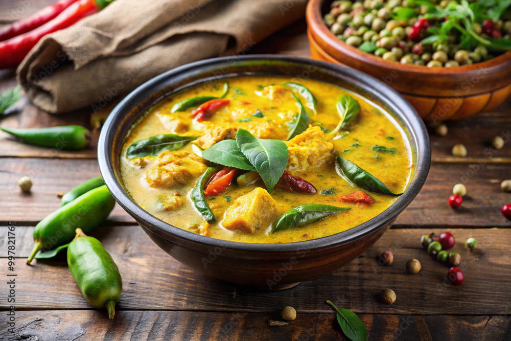 Delicious kootu curry served in wooden bowl, featuring vibrant green chilies, fresh herbs, and rich, creamy texture. This dish is perfect for comforting meal Delicious kootu curry served in wooden bowl, featuring vibrant green chilies, fresh herbs, and rich, creamy texture. This dish is perfect for comforting meal
