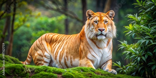 Fotografie A majestic liger roams its natural habitat, showcasing its striking size, unique