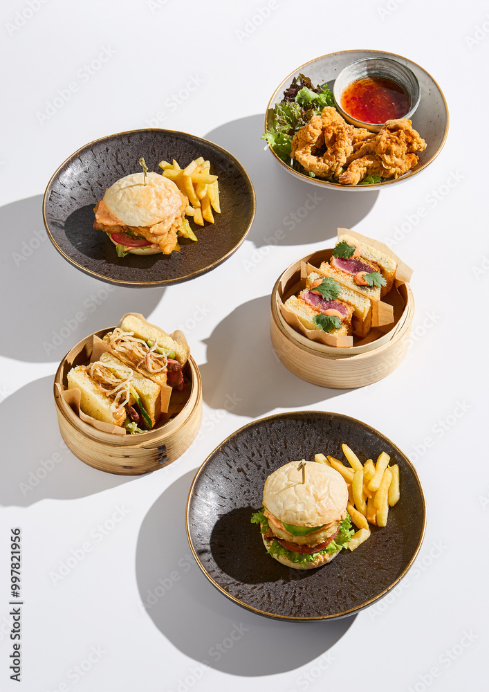 Vibrant Asian Street Food Display Bao Burgers and Sando Sandwiches in Contemporary Setting Vibrant Asian Street Food Display Bao Burgers and Sando Sandwiches in Contemporary Setting
