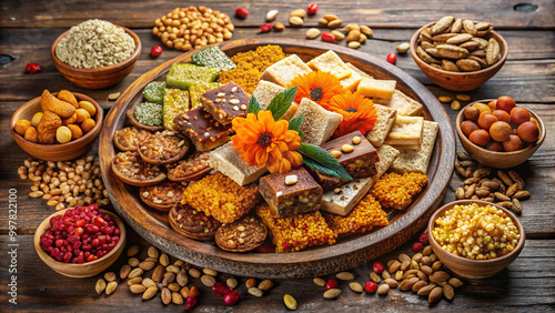 Delight in vibrant assortment of traditional sweets and snacks, beautifully arranged on wooden platter. This colorful spread features various textures and flavors, perfect for festive celebrations photo