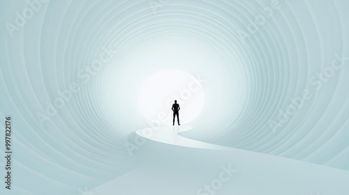 Minimalistic White Spiral Tunnel with a Person Looking Up Towards the Light in a Futuristic 3D Scene
