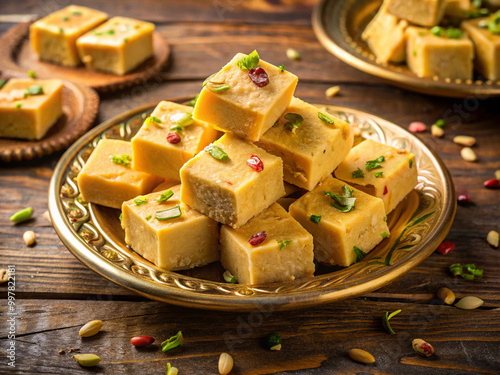 Delicious soan papdi pieces arranged on decorative plate, garnished with nuts and herbs, showcasing traditional sweet treat perfect for celebrations