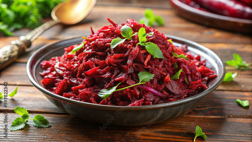 Freshly prepared beetroot poriyal, vibrant and healthy dish, showcases finely shredded beetroots mixed with spices and garnished with fresh herbs. This colorful meal is perfect for adding nutritious