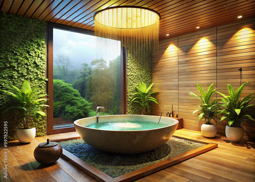 serene bathroom featuring round stone bathtub surrounded by lush greenery and wooden accents. large window offers view of nature, enhancing tranquil atmosphere serene bathroom featuring round stone bathtub surrounded by lush greenery and wooden accents. large window offers view of nature, enhancing tranquil atmosphere