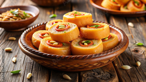 Deliciously arranged sweet rolls, known as Pori Urundai, are beautifully presented in traditional bowl. vibrant colors and textures invite delightful culinary experience photo