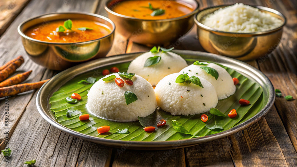 Delicious idli served on banana leaf, garnished with herbs, accompanied by flavorful sambar and rice. traditional South Indian meal that delights senses Delicious idli served on banana leaf, garnished with herbs, accompanied by flavorful sambar and rice. traditional South Indian meal that delights senses