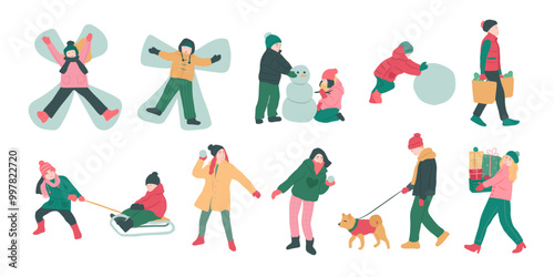 Collection of holiday people winter Christmas activities vector illustration