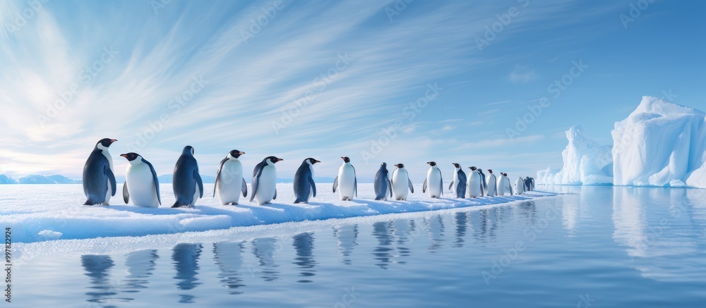 Obraz premium A Line of Penguins on a Snowy Ice Shelf in Antarctica