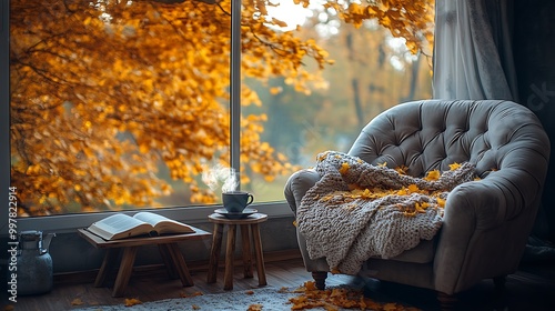 A plush chair next to a wide window, an open book on a small table and a steaming coffee cup beside it, with a tree shedding golden autumn leaves outside. The afternoon light gently floods the room, photo