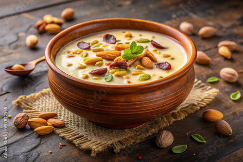 Delight in this creamy Indian dessert, rabdi, served in rustic bowl, garnished with nuts and mint. Its rich texture and flavors evoke warmth and indulgence photo