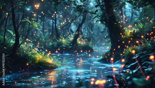 Enchanting bioluminescent forest illuminated by ethereal glow, showcasing natures magical brilliance and wonder