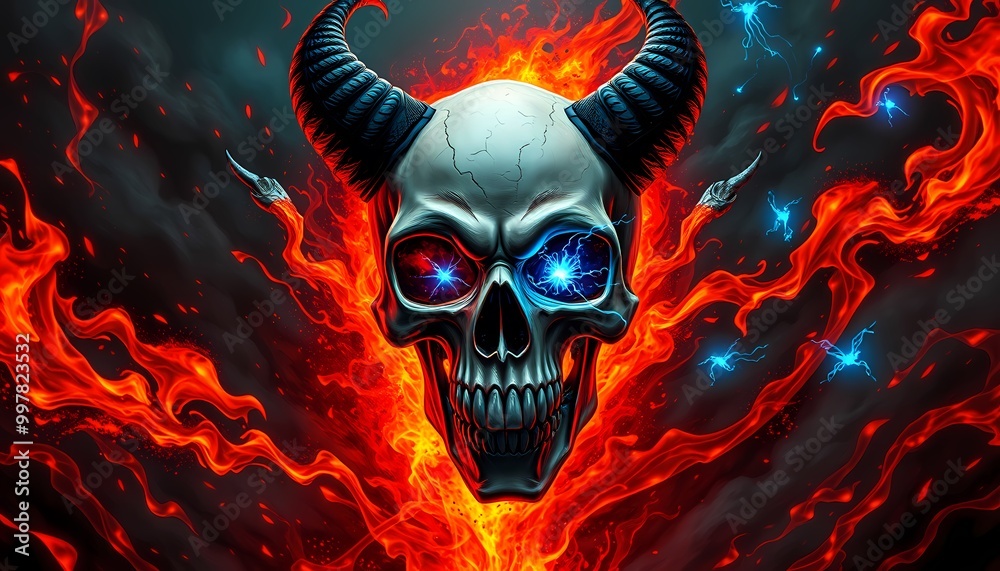 Demonic Skull in Neon Flames with Electric Blue Sparks and Floating Runes Digital Art Demonic Skull in Neon Flames with Electric Blue Sparks and Floating Runes Digital Art