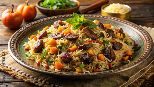 Delicious kabuli pulao featuring fragrant basmati rice, tender meat, and vibrant vegetables garnished with fresh herbs. perfect dish for festive occasions!