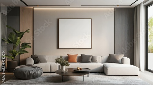 A beautiful canvas frame 3D mockup in modern living room, bed room, kitchen, bathroom interior, Created with AI