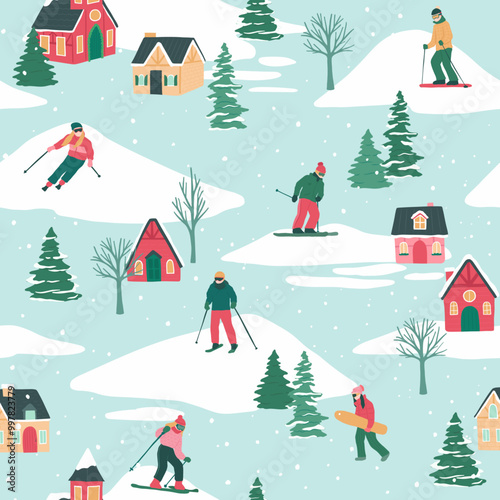 Holiday skiing and snow boarding people and house seamless pattern