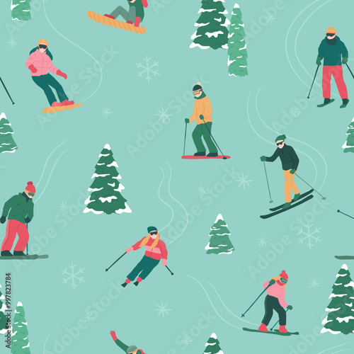 Holiday Skiing and snow boarding people seamless pattern