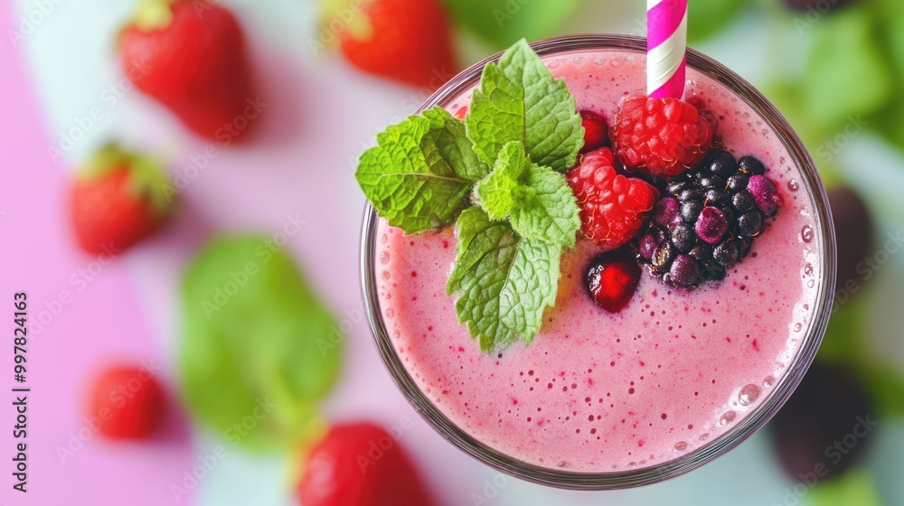 A vibrant fruit smoothie fills a glass, beautifully garnished with fresh berries and mint, offering a healthy and refreshing treat perfect for any occasion A vibrant fruit smoothie fills a glass, beautifully garnished with fresh berries and mint, offering a healthy and refreshing treat perfect for any occasion