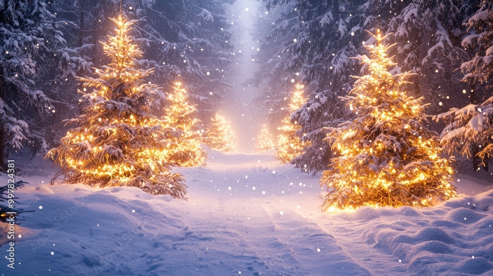 Serene Winter Forest with Illuminated Christmas Trees Serene Winter Forest with Illuminated Christmas Trees