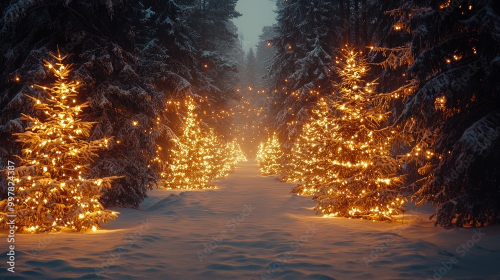 Magical Winter Pathway with Festive Christmas Lights Magical Winter Pathway with Festive Christmas Lights