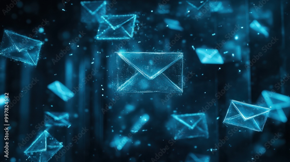 A digital background with glowing blue envelopes on a dark background, representing fast and modern email marketing. A background of a digital email icon floating in the air, newsletter concept. A digital background with glowing blue envelopes on a dark background, representing fast and modern email marketing. A background of a digital email icon floating in the air, newsletter concept.