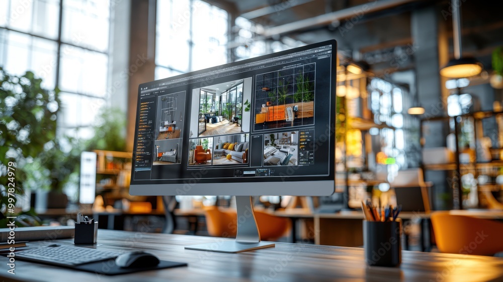 Futuristic AI-Powered Interior Design Software on Computer Screen in Modern Workspace Futuristic AI-Powered Interior Design Software on Computer Screen in Modern Workspace