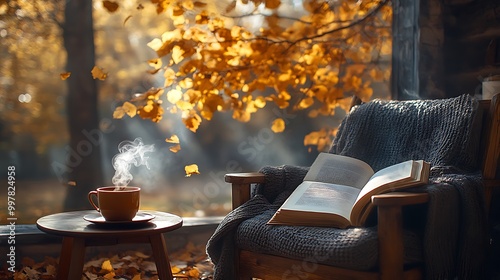 A rustic reading nook featuring a wooden armchair, an open book on the armrest, and a steaming tea cup on the table, with a tree shedding golden leaves outside. photo