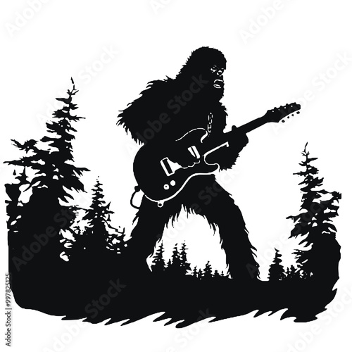 Rocking Bigfoot Silhouette with Guitar – Perfect for Fantasy Music Designs photo