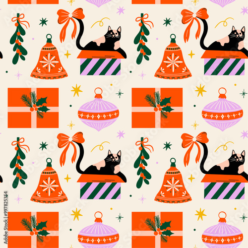 Seamless vector pattern with beautiful ornament, baubles winter holiday decorations for Christmas tree, retro Xmas gifts, mistletoe cartoon flat illustration, design elements for wrapping paper decor