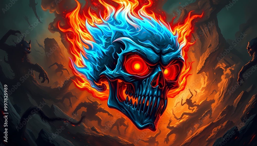 Sharp-Fanged Skull in Neon Blue Flames with Red Eyes and Dark Swirling Smoke