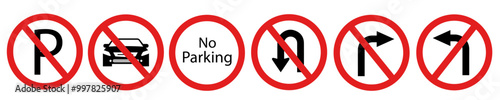 Traffic signs , Parking related icon,Red ribbon on white background,No parking icon set in red and black isolated on white background , Traffic parking ban sign vector