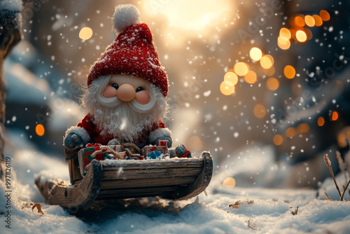 Christmas decoration with Santa Claus toy and gift box on bokeh background. Santa Claus on a small wooden sleigh with gifts. Christmas greeting card.