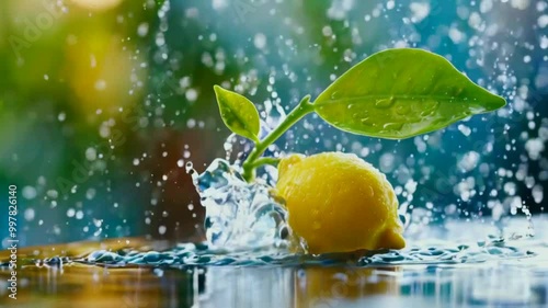 A fresh lemon splashes into water with droplets, highlighting freshness and vitality.