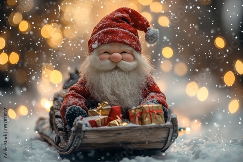 Christmas decoration with Santa Claus toy and gift box on bokeh background. Santa Claus on a small wooden sleigh with gifts. Christmas greeting card.