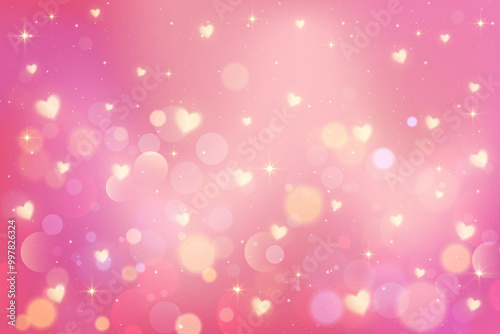 Pink background with golden hearts and bokeh. Cute pattern of lovely glitter and sparkles. Pastel color gradation backdrop for Valentine day card design. Vector purple magic wallpaper