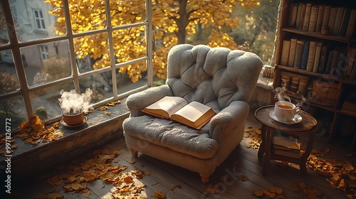 A soft armchair beside a large window, with an open book on the armrest and a steaming cup of tea on a nearby table, with golden autumn leaves drifting from a tree outside. photo