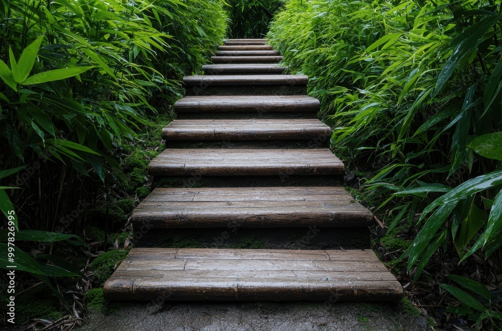 Wooden steps leading through lush green foliage Wooden steps leading through lush green foliage