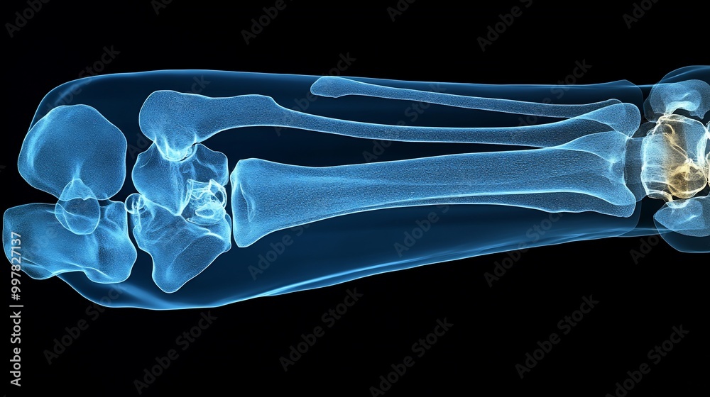 X-ray image of the human forearm, wrist, and hand, with a focus on the bones and their structure. X-ray image of the human forearm, wrist, and hand, with a focus on the bones and their structure.
