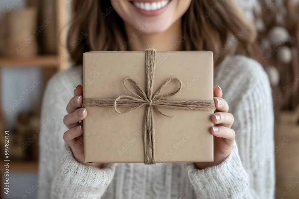 Close-up of hands holding a gift wrapped in rustic paper and tied with natural twine.