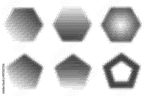 Bitmap pixel arcade game effect. Hexagon y2k halftone shape. Vector dither aesthetic gradient pentagon icons. 2000s design grainy illustration on white background.