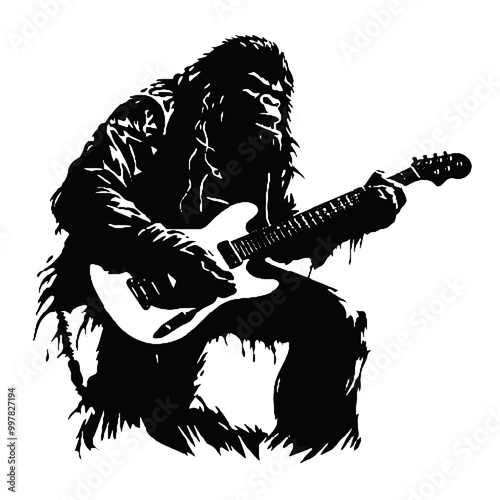 Silhouette of Bigfoot Playing Guitar – Fun Vector for Fantasy and Music Art