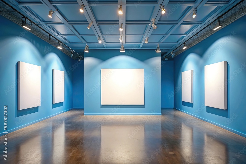 Empty art gallery with blank canvas mock up from worm's eye view Empty art gallery with blank canvas mock up from worm's eye view