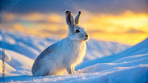 Arctic rabbit blends seamlessly into the snowy landscape, its warm fur adapted for frigid temperatures, providing photo