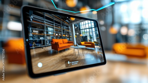 Virtual Room Design AI Tool suggesting Customizable Furniture Arrangements on Tablet/Laptop Screen