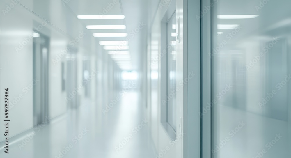 Fototapeta premium Blurred background of a modern hospital interior with white walls and glass windows, soft focus, white color palette, medical clinic environment, hospital corridor