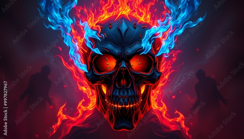 Fiery Skull with Neon Blue Flames and Shadowy Figures Swirling in Misty Cosmic Background