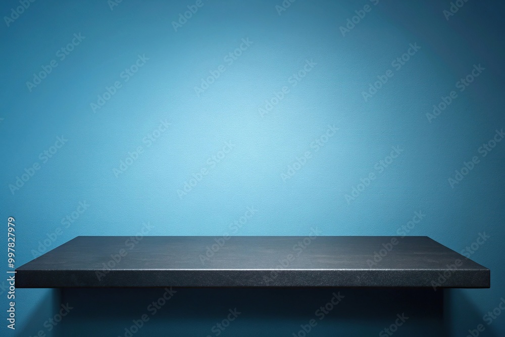 Empty black stone table top desk or shelf isolated on dark pale blue background Empty black stone table top desk or shelf isolated on dark pale blue background