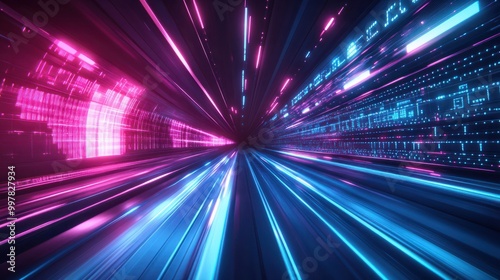 Abstract futuristic technology background with lines network high speed data transfer, big data, data center, server, internet, speed. dark blue and pink neon lights into digital technology tunnel