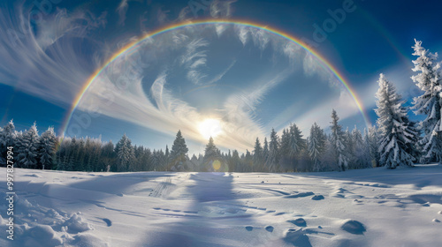 A stunning winter landscape featuring circumzenithal arc above snowy field, surrounded by frosted trees and bright sun. scene evokes sense of tranquility and wonder. photo