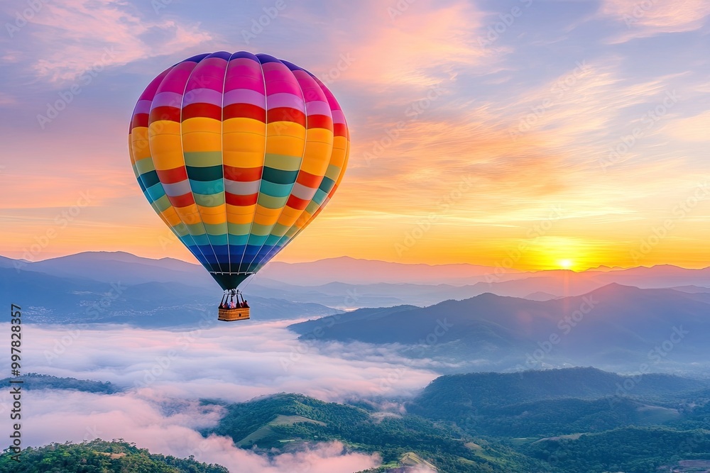Fototapeta premium Hot Air Balloon Floating Above Clouds at Sunrise